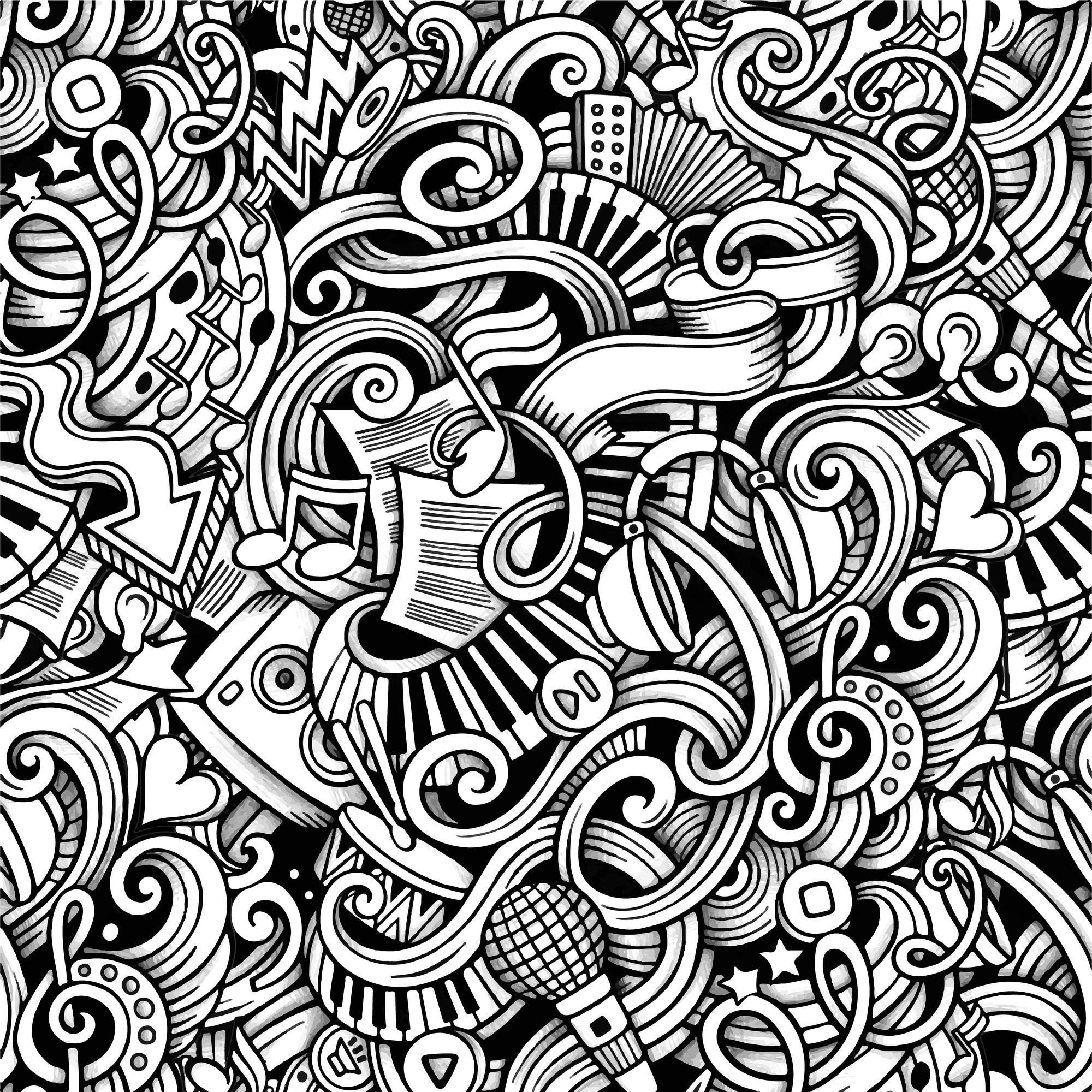 Cartoon hand-drawn doodles on the subject of Music style theme